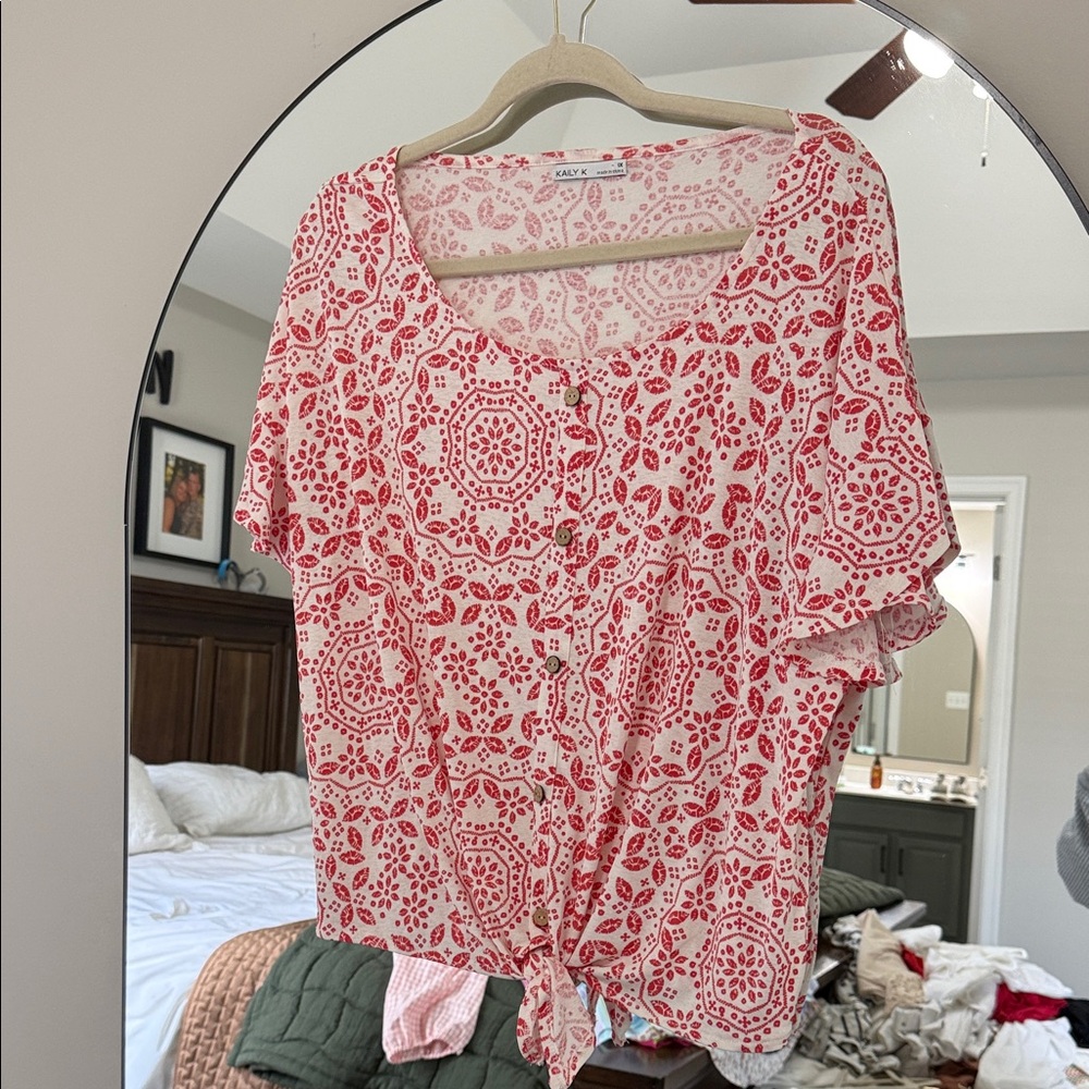 Chic Red and White Patterned Blouse
